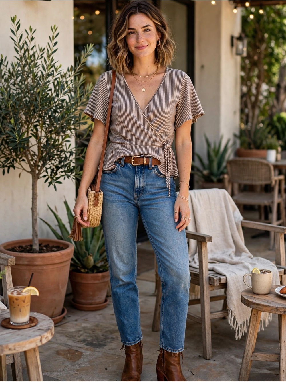 ANTHROPOLOGIE CAUTION TO THE WIND BROWN STRIPED WRAP PEPLUM TOP M FLUTTER TIE
